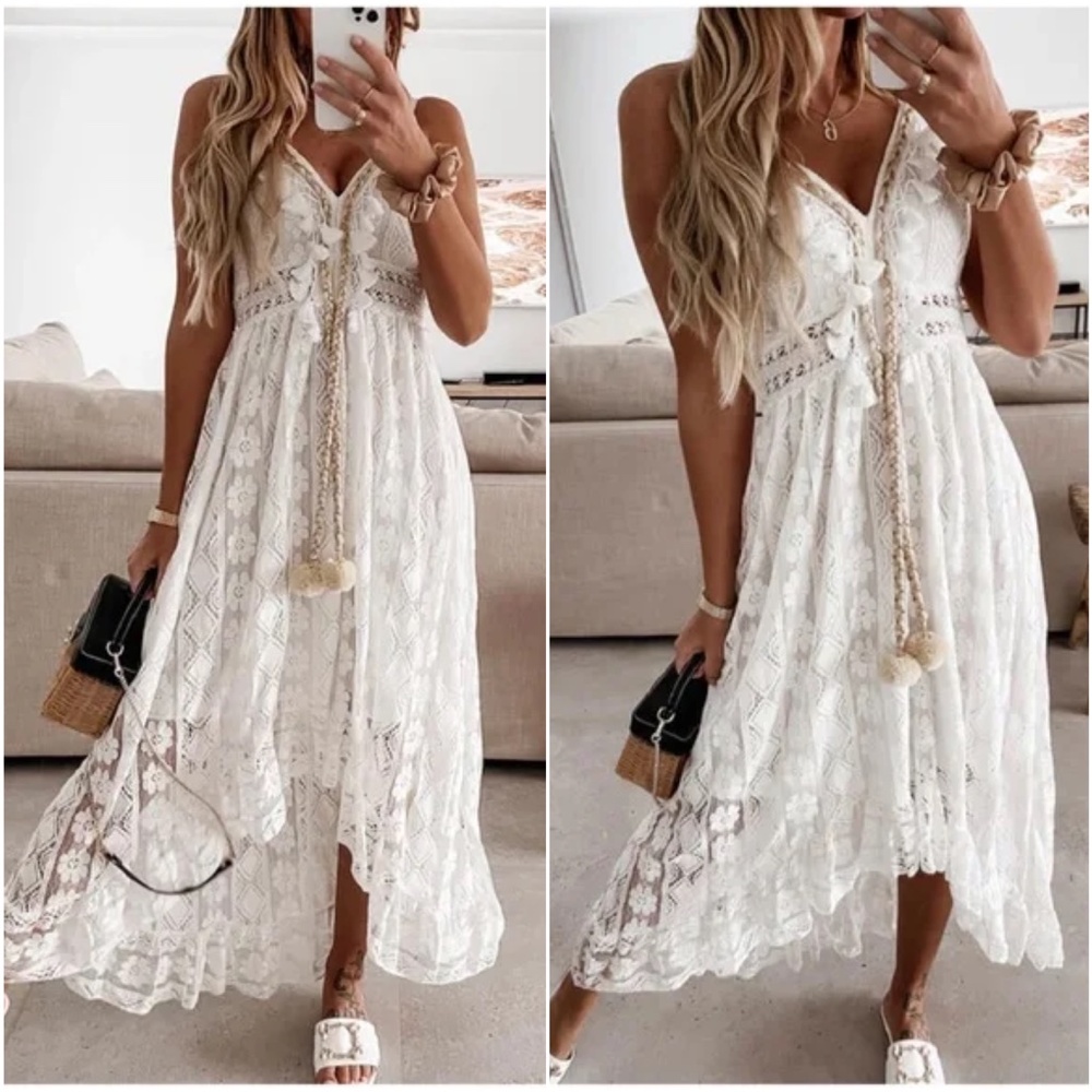 01 Boho Embroidered Floral Tassel Lace Cami Maxi Dress - Picture 3 of 10